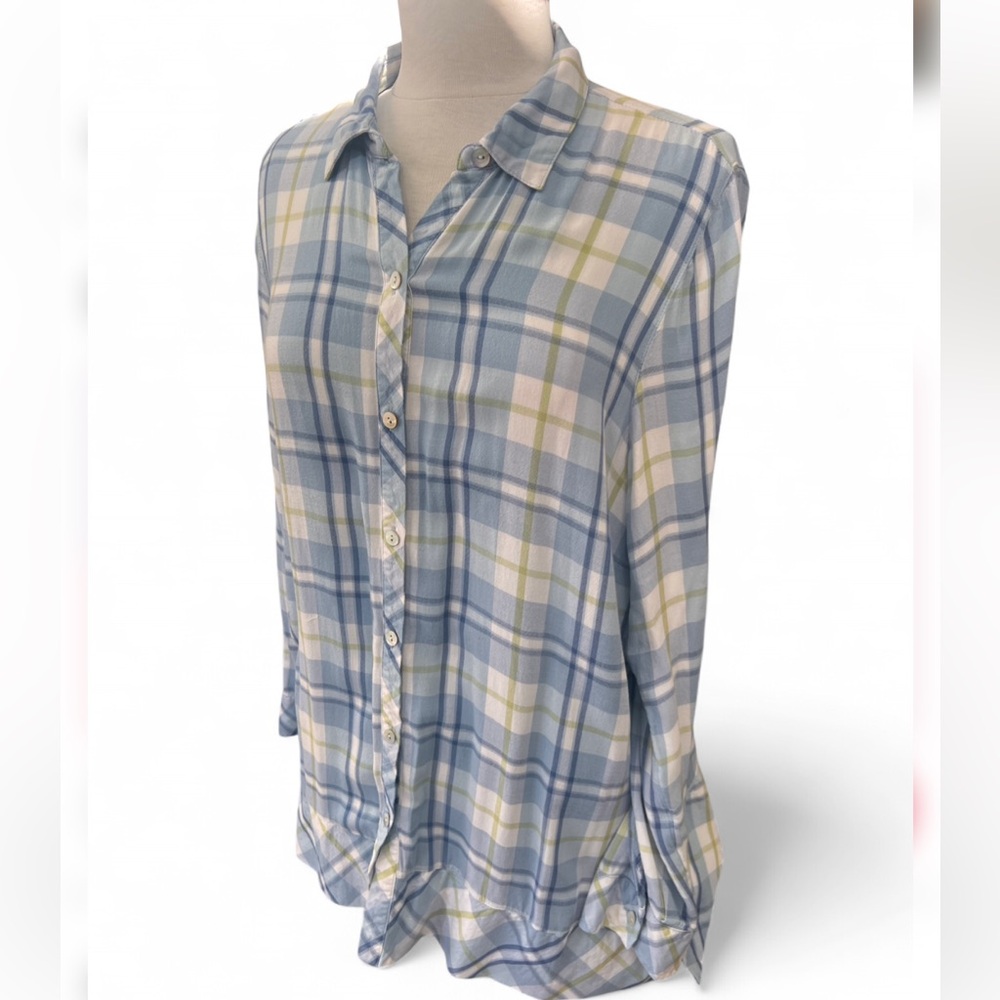 J. Jill Plaid Flannel Button Down Shirt with Ruffle Hem Large